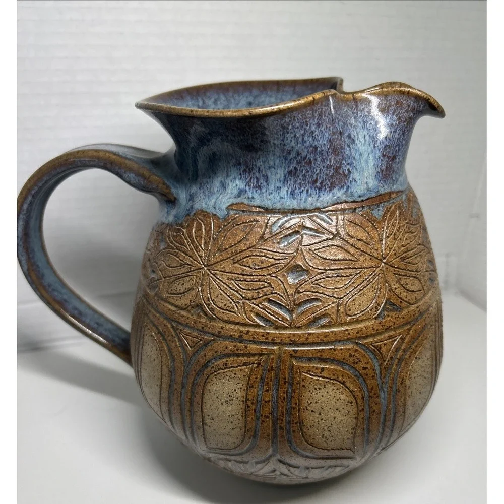 Susan Brown Freeman Incised Monstera Studio Pottery Pitcher 7 1/2